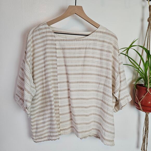 J.Jill Linen Stripe Boxy Blouse S Petite Beige Ivory Half Sleeve Top - Picture 2 of 10